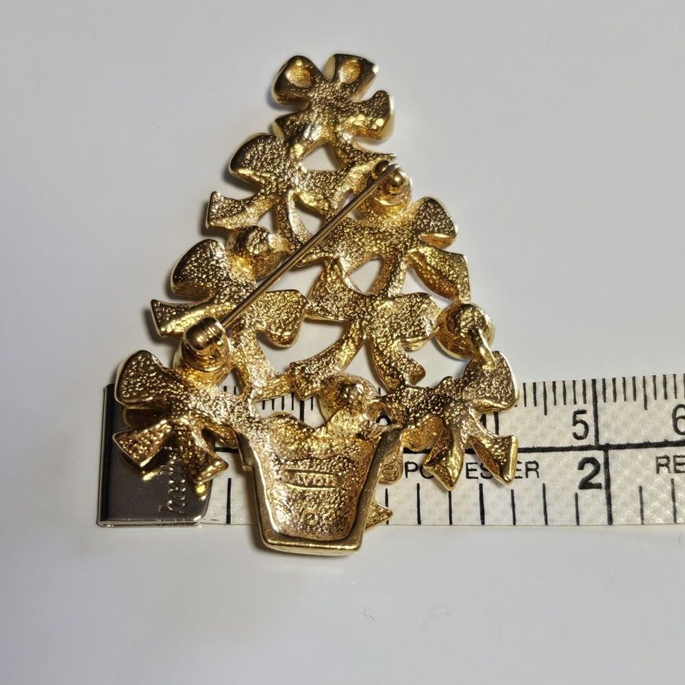 Vintage Avon Christmas Tree Bow Brooch Blue AB Rhinestones Gold Tone Pin - Picture 6 of 10